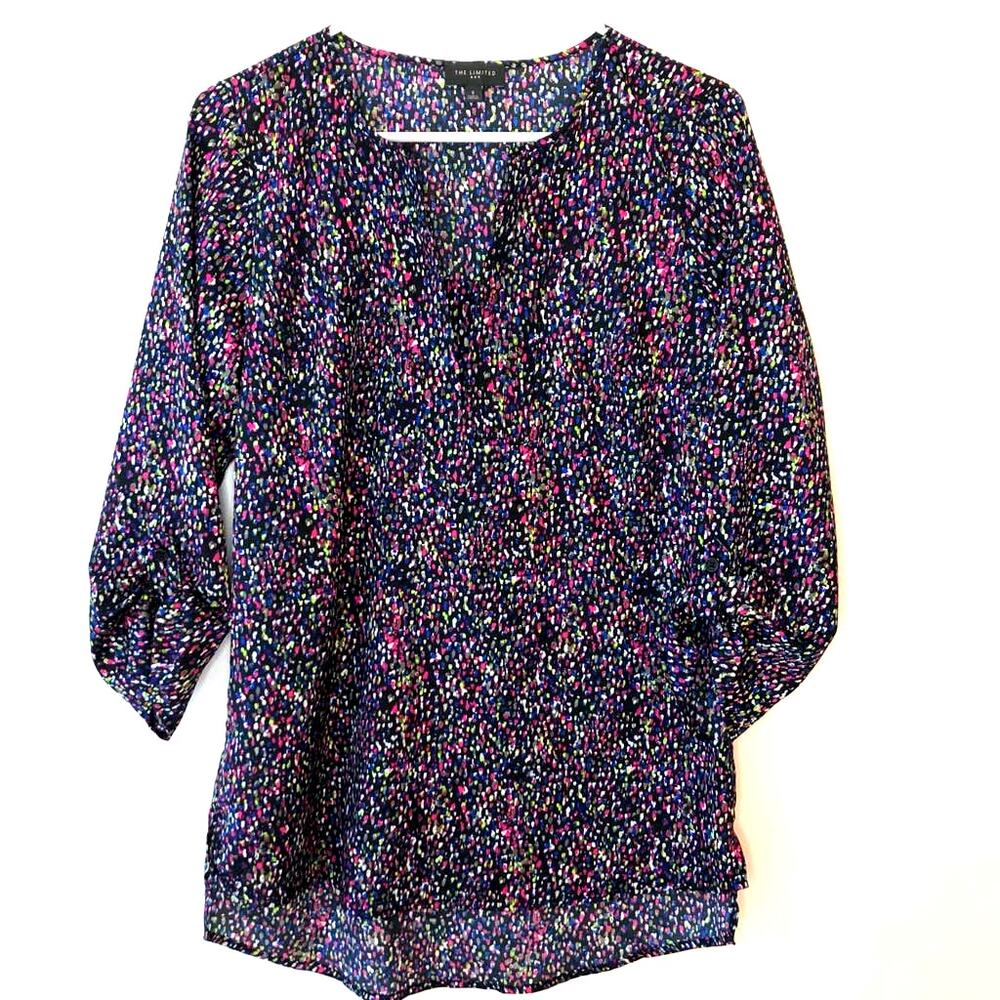 The Limited V-Neck Tunic Top Blouse Black w/ Multicolored Dots Women's Small